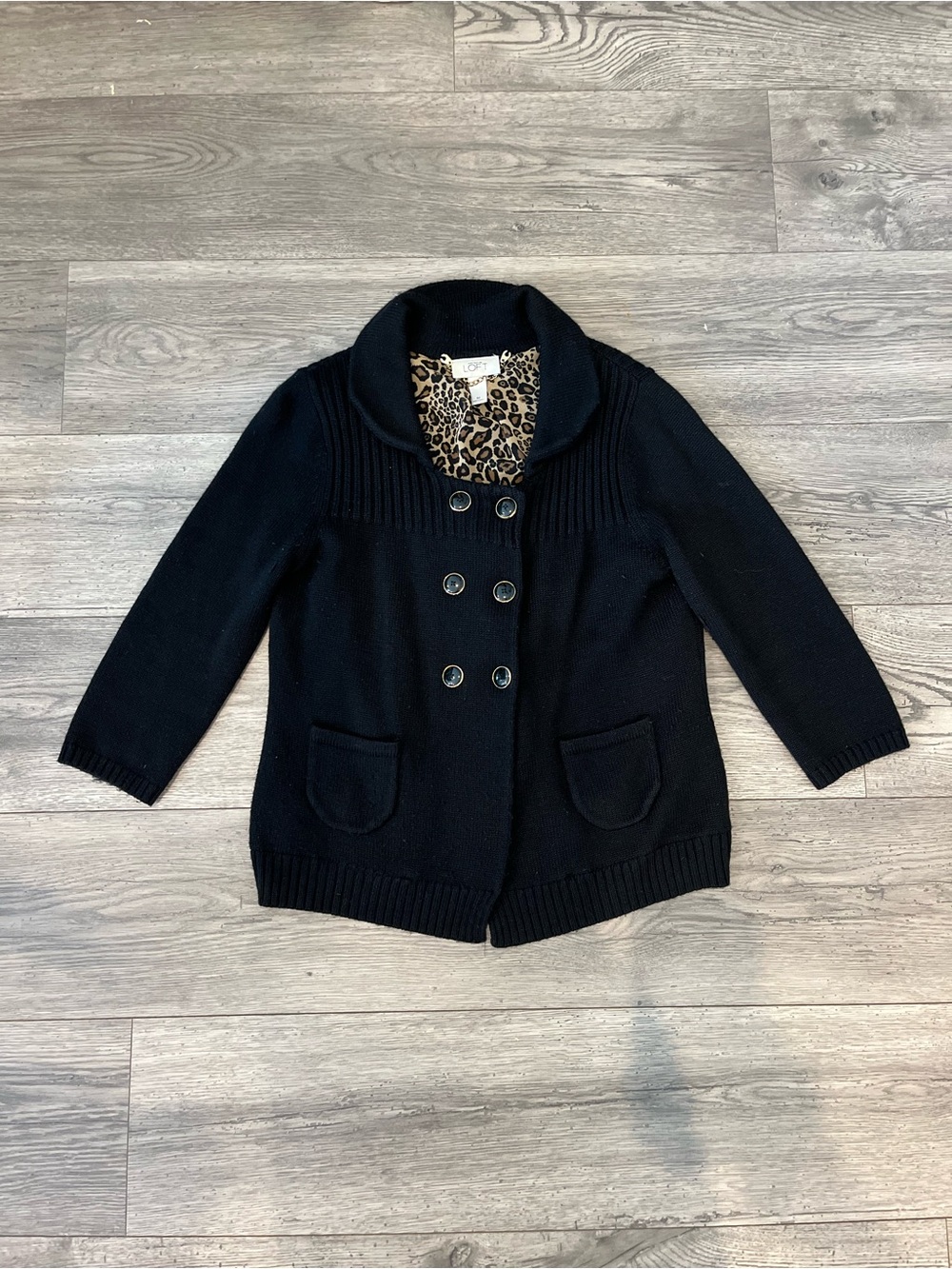 Ann Taylor Loft Womens Wool-Blend Double-Breasted Buttoned Cardigan Black Medium